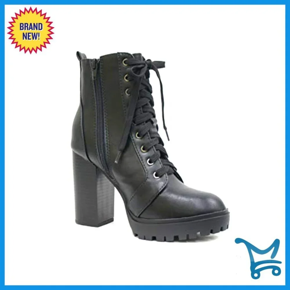 Women's High Stacked Heel Combat Booties with Side Zipper